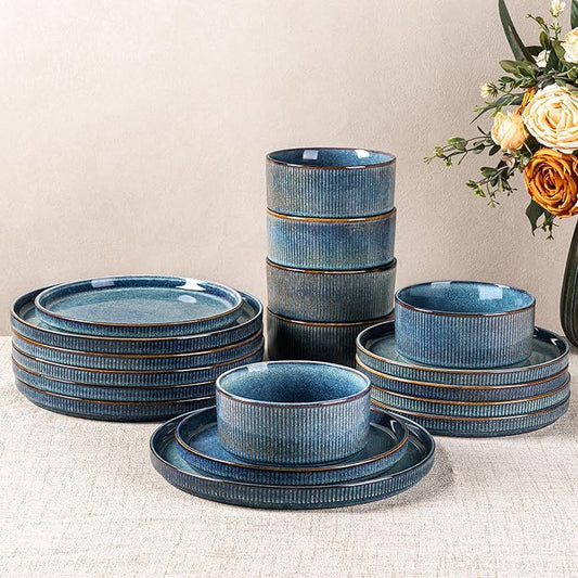 GBHOME 12-Piece Stoneware Dinnerware Set for 4 – Ribbed Ceramic Plates and Bowls, Scratch-Resistant, Microwave & Dishwasher Safe, Reactive Glaze, Ceylon Blue