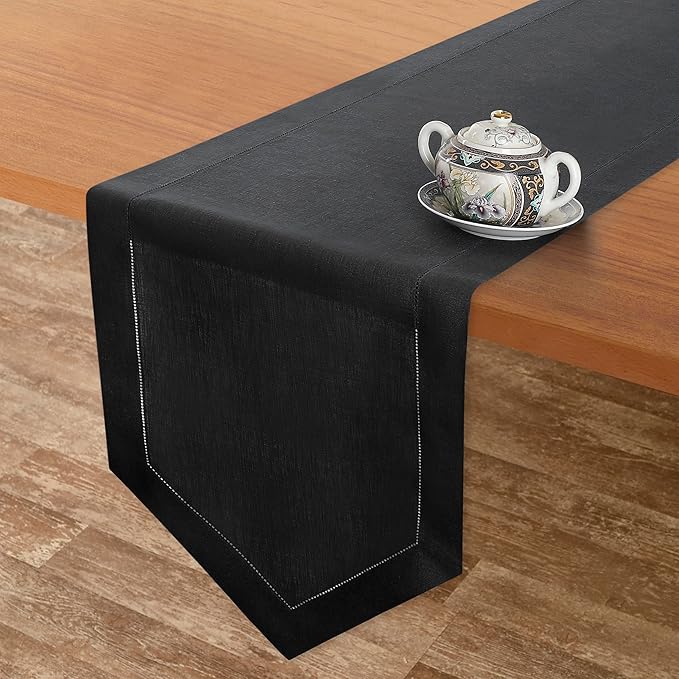 D'Moksha Homes Black Linen Table Runner 72 Inches Long - 100% Pure Linen Diamond Table Runner 14 x 72 Inch for Dining, Winter, Christmas, Holiday, New Year - Machine Washable