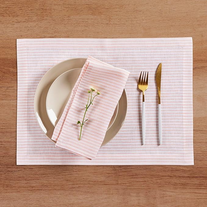 Solino Home Linen Placemats Set of 4 - Narrow Stripe Peach and White Placemats 14 x 19 Inch - 100% Pure Linen Place Mats