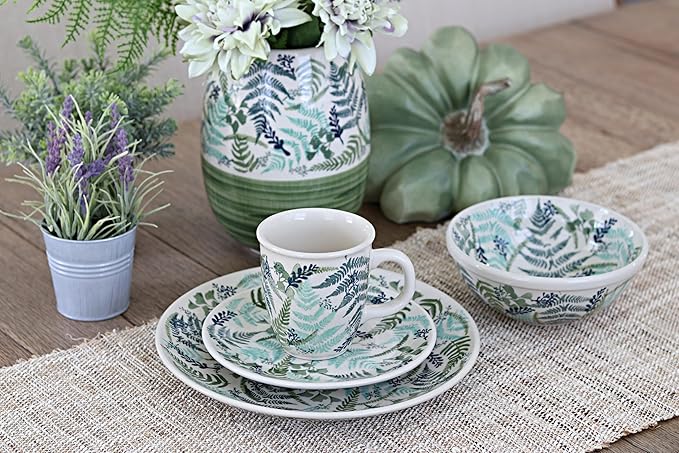 Blue Rose Polish Pottery - Green Woodland Fern 16 Piece Dinner Set - 4 Place Settings - Great for Everyday Dining, Casual Dining, or as Formal Dinnerware