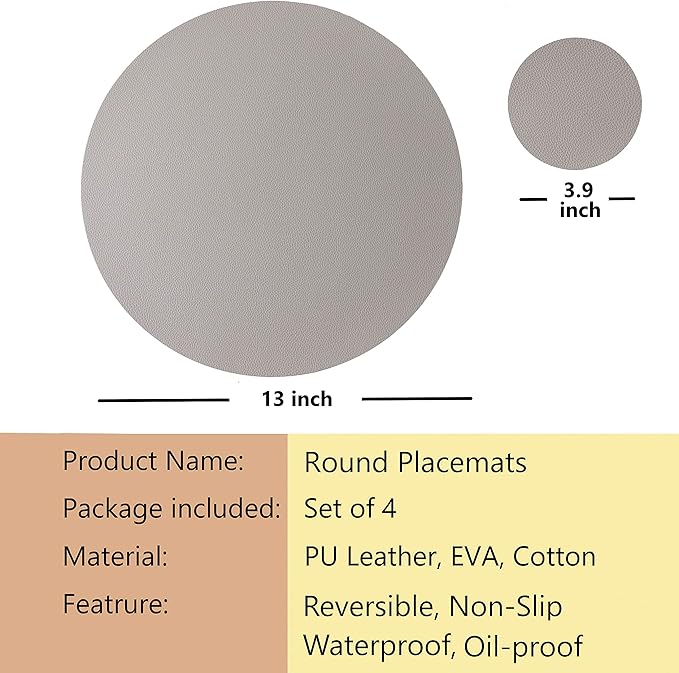 Wipeable Placemats and Coasters Leather Table Mats Waterproof Heat-Resistant Easy to Clean for Dining Table Set Kitchen Table Set of 4, Slat Gray