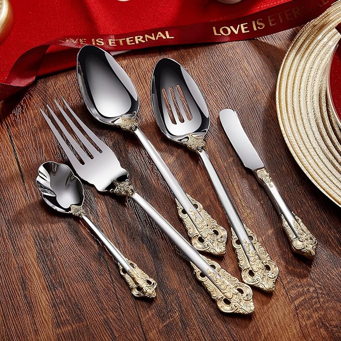 KEAWELL Gorgeous 5-Piece 18/10 Stainless Steel Hostess Serving Utensil Set, Dishwasher Safe (Gold Accent)