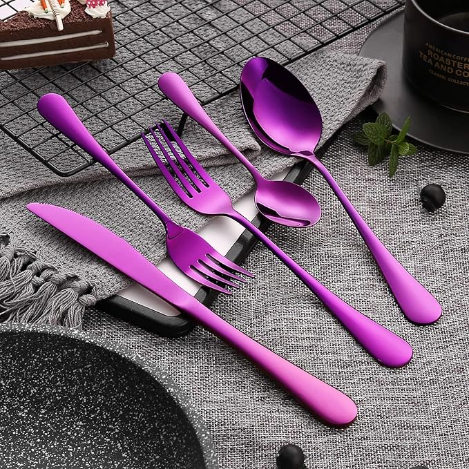 Silverware Set, 20-Piece Purple Flatware Cutlery Set Service for 4,Stainless Steel Kitchen Utensil Set Tableware Knife Spoon Fork Set for Home&Restaurant. Dishwasher Safe (Purple- 20 Pieces Set)