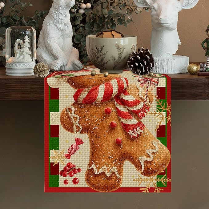 Christmas Gingerbread Table Runner Seasonal Winter Kitchen Dining Linen Table Decoration for Indoor Outdoor Home Party Decor 13 x 72 Inch