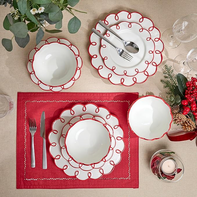 Sango 12-Piece Earthenware Dinnerware Set for 4, Glossy White Plates and Bowls Sets with Red Scalloped Rims, Premium Dish Set, Holiday Dishes for Gifting & Hosting Christmas Party, Splash of Cheers