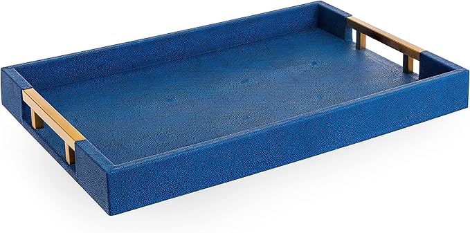Modern Elegant 17.5”x12” Rectangle Navy Blue Faux Leather Shagreen Decorative Tray Ottoman Tray Coffee Table Perfume Living Room Kitchen Serving Tray with Brass Gold Metal Handles by Home Redefined.