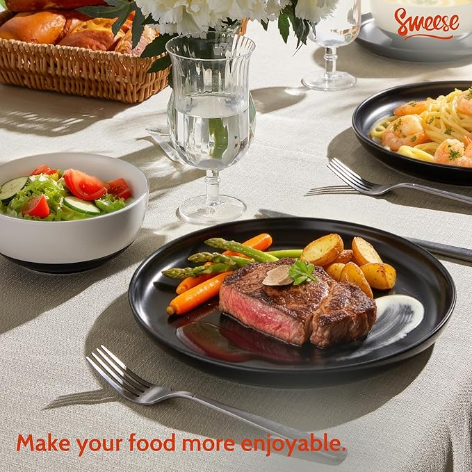 Sweese Dinnerware Sets Service for 6, 18 pcs Matte Glaze Plates and Bowls Sets, Handmade Porcelain Dish Set, Highly Chip and Crack Resistant Modern Dinner Set, Black White