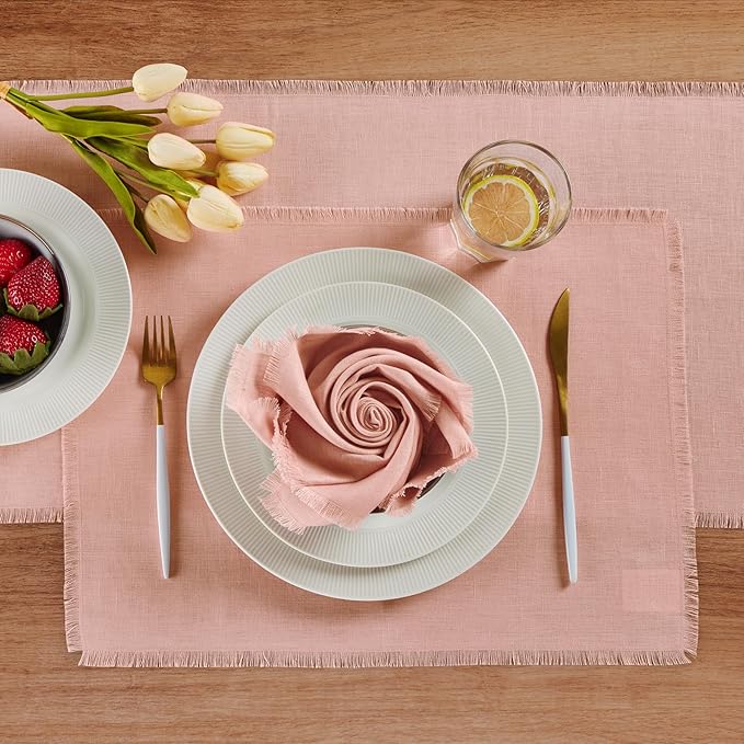 Solino Home Fringe Linen Placemats Set of 4 - Misty Pink Placemats 14 x 19 Inch - 100% Pure Linen Table Mats for Christmas