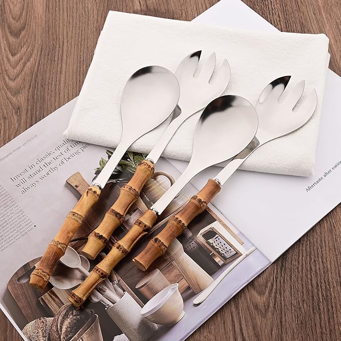 Natural Bamboo Handle Serving Utensils, Serving Spoon and Fork Set, Salad Servers Include 2 Large Serving Spoons and 1 Serving Fork, Stainless Steel Cutlery Set for Home/Party/Buffet, Silver