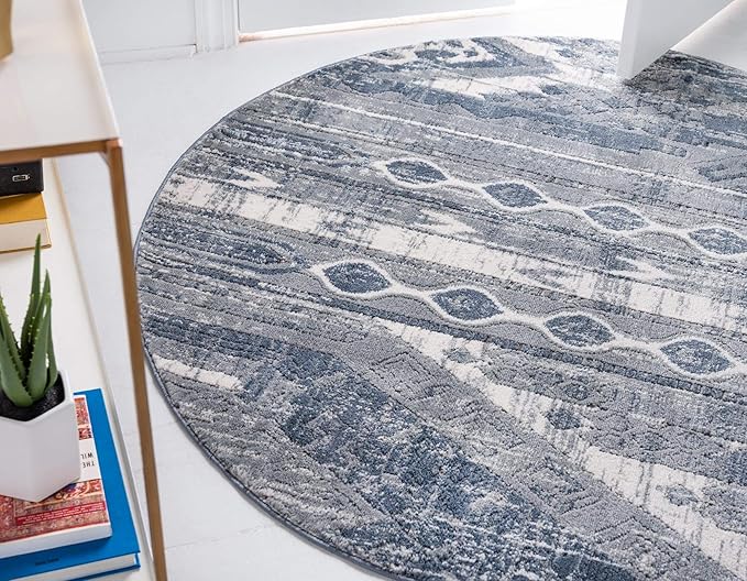 Rugs.com Oregon Collection Rug – 7 Ft Round Light Slate Blue Low-Pile Rug Perfect for Kitchens, Dining Rooms