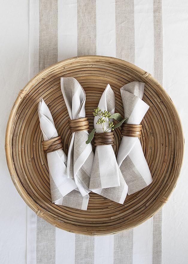 Solino Home Linen Napkins Set of 4-100% Pure Linen Cabana Stripe Natural and White Cloth Dinner Napkins 20 x 20 Inch for Christmas, Holiday, New Year - Handcrafted and Machine Washable