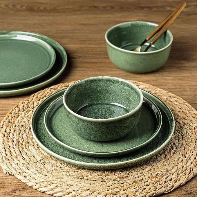 AmorArc Stoneware Dinnerware Sets for 4,Round Reactive Glaze Ceramic Plates and Bowls Set,Highly Scratch Resistant | Dishwasher & Microwave Safe Dishes Set,Service for 4 (12pc)