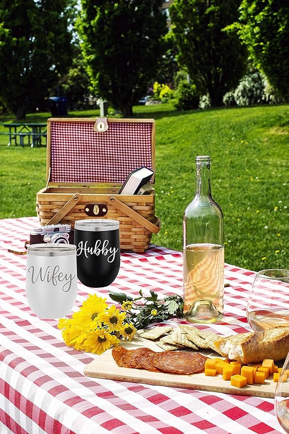 Wifey & Hubby 12 oz. Insulated Wine Glasses Set - Modern Engraved Wedding Gift Drinking Tumblers Couples Gifts Black/White, Wine Glass Set and Wedding Essentials