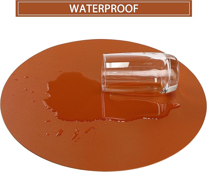 Wipeable Placemats and Coasters Leather Table Mats Waterproof Heat-Resistant Easy to Clean for Dining Table Set Kitchen Table Set of 6, Brown