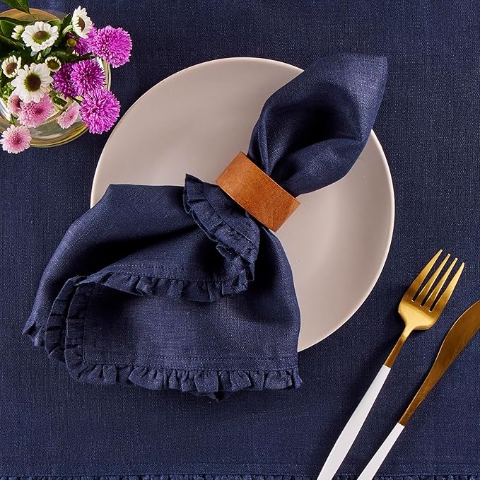 Solino Home Navy Blue Linen Dinner Napkins 20 x 20 Inch - 100% Pure Linen Juliette Ruffle Cloth Napkins Set of 4 - Handcrafted and Machine Washable