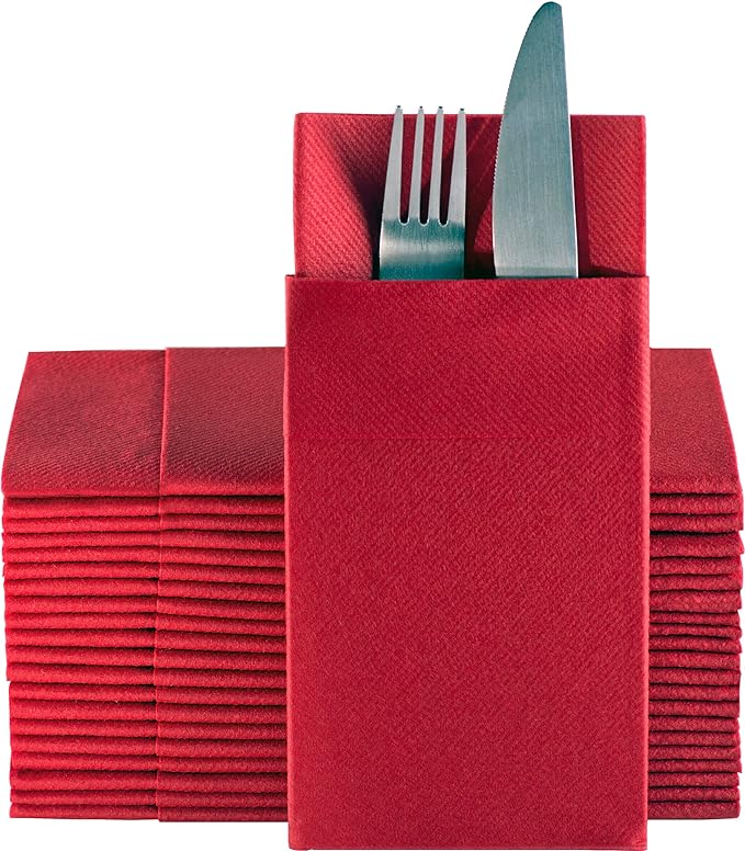 Red Dinner Napkins Cloth Like with Built-in Flatware Pocket, Linen-Feel Absorbent Disposable Paper Hand Napkins for Kitchen, Bathroom, Parties, Weddings, Dinners or Events, Pack of 50