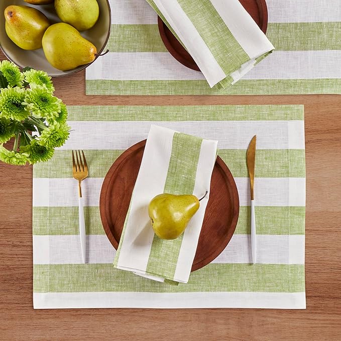 Solino Home Linen Cloth Placemats Set of 4 - Cabana Stripe 100% Pure Linen Green and White Farmhouse Placemats 14 x 19 Inch for Christmas - Handcrafted and Machine Washable