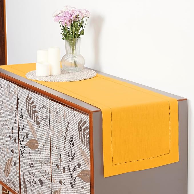 D'Moksha Homes Linen Sunflower Yellow Table Runner 120 Inches Long - 100% Pure Linen Hemstitch 14 x 120 Inch Table Runner for Dining, Winter, Christmas, Holiday, New Year - Classic Hemstitch