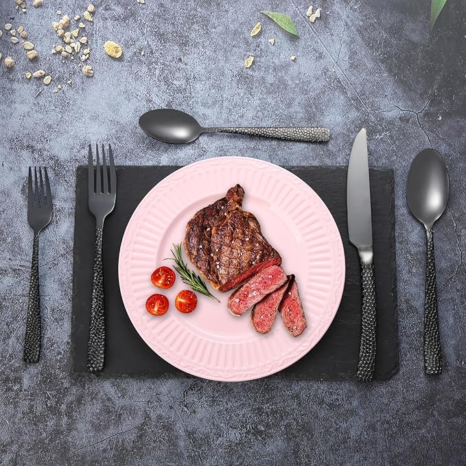 30-Piece Black Silverware Set, Heavy Duty Hammered 18/10 Stainless Steel Flatware, Food-Grade Cutlery, Tableware Including Fork Knife Spoon - Dishwasher Safe