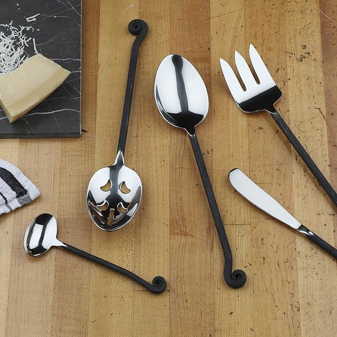 Gourmet Settings - 5-Pieces Hostess Silverware - Treble Clef Collection - Matte/Polished Metal Flatware Serving Set - Stainless Steel Kitchen Utensils Knife/Fork/Spoons - Dishwasher Safe (34-033)
