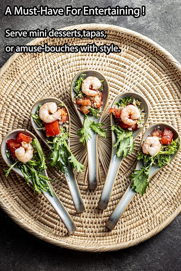 LYEOBOH Ceramic Asian Soup Spoons Set of 6 with Long Handle for Kitchen, Restaurant, Japanese Ramen Spoons with Deep Hook Design, Dishwasher & Microwave Safe, Gray