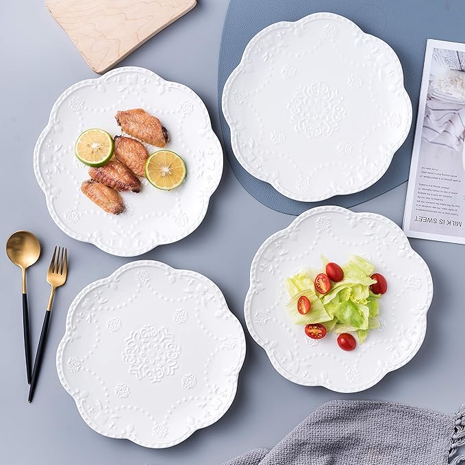 Jusalpha Embossed Lace Porcelain Plate-Dinner Plate Set, Pasta/Salad/Dessert Plate， Tableware Set for Restaurant Family Party Kitchen Use -4 Pieces, FD-PL15 (10 Inche, White)