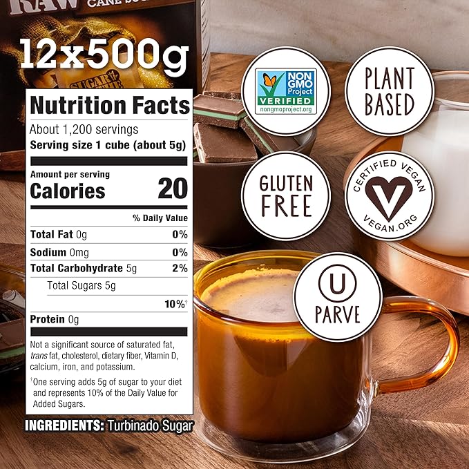 In The Raw Turbinado Cane Sugar Cubes, 17.6 oz. Box, 12 Pack, Pure, All-Natural Turbinado Sugar, Non-GMO Project Certified, Kosher, Vegan and Gluten Free