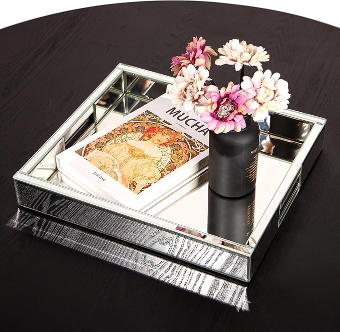 Mirrored Tray Decorative, 16x14x2.4 Silver Tray for Coffee Ottoman Trays for Living Room Perfume Jewelry Tray Bandejas Decorativas Wine Platter Modern Home Decor