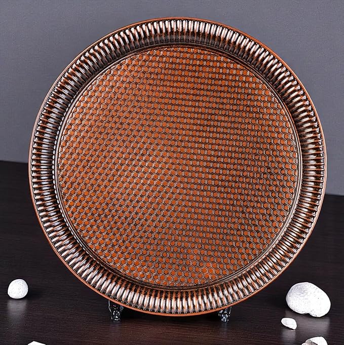 Alisveristime Round Hammered Metal Serving Tray – Ottoman Style, (11.8" Diameter, 12.6 oz) 5 Color Options (Brown)