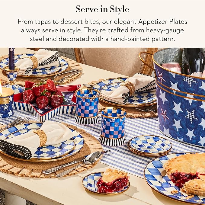 MACKENZIE-CHILDS Set of 4 Enamel Appetizer Plates, Mini Dessert Plates, 5 Inches, Blue-and-White Royal Check