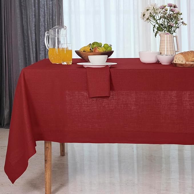 D'Moksha Homes Red Linen Tablecloth 54 x 72 Inch - 100% Pure Linen Tablecloth for Rectangle Tables - Machine Washable Table Cloth for Winter, Christmas, Holiday, New Year