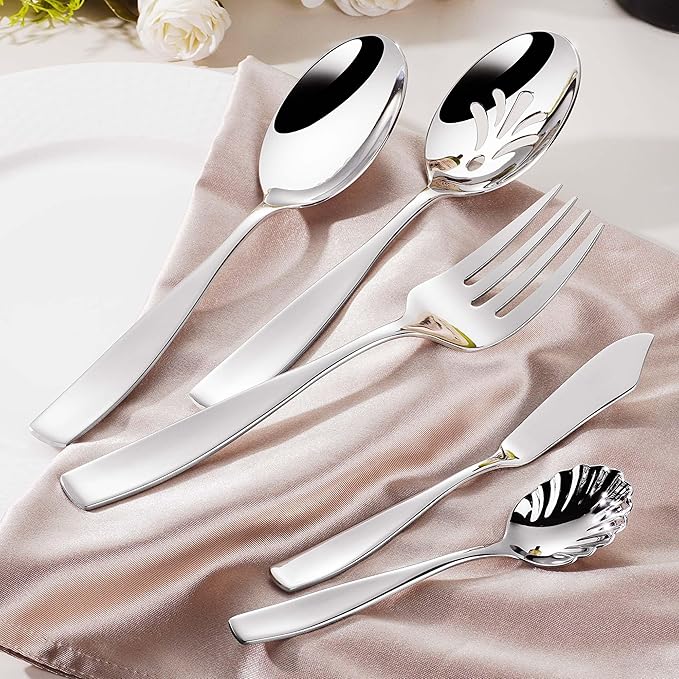 65-Piece Heavy Duty Flatware Set for 12, 18/10 Stainless Steel Silverware Set and Serving Utensils Set, Dishwasher Safe, Weighted Silverware Knife Fork and Spoon Set