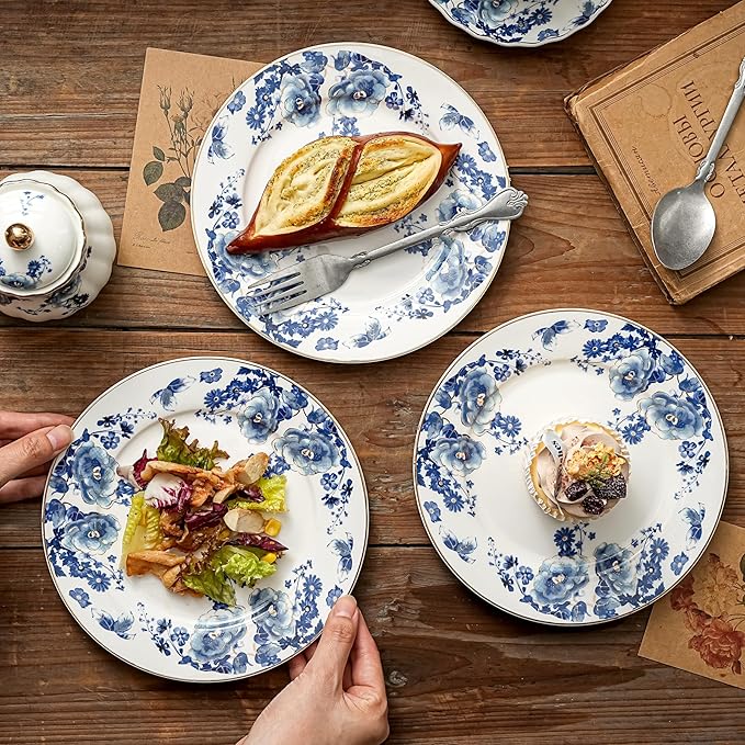 Porcelain Floral Plates, 8 inch, Set of 4,Small Plate, Small Appetizer Plates,Round dessert plate for breads, desserts, snacks, salads (Blue flowers)