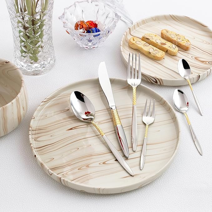 Lorren Home Trends 86 Piece 18/10 Stainless Steel and Gold Flatware Set, Service for 12, Chest included