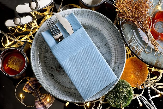 Baby Blue Dinner Napkins Cloth Like with Built-in Flatware Pocket, Linen-Feel Absorbent Disposable Paper Hand Napkins for Kitchen, Bathroom, Parties, Weddings, Dinners or Events, Pack of 50