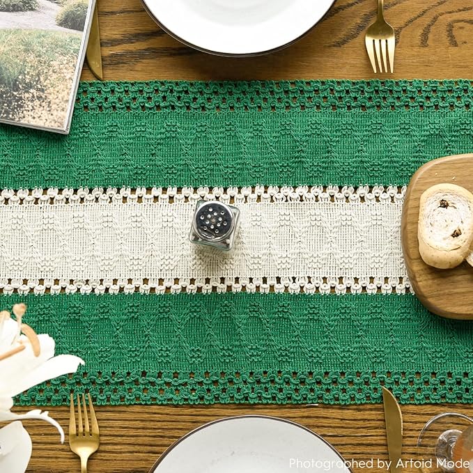 Artoid Mode Dark Green Farmhouse Rustic Table Runner, Seasonal Christmas Hollow Kitchen Dining Table Decoration for Home Party Decor 12x72 Inch