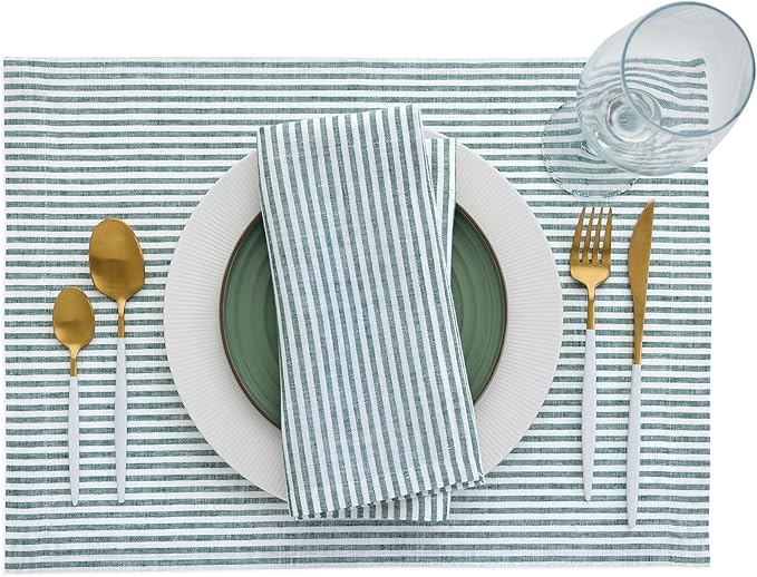 Solino Home Linen Cloth Placemats Set of 4 - Narrow Stripe 100% Pure Linen Rainforest and White Farmhouse Placemats 14 x 19 Inch for Christmas, New Year