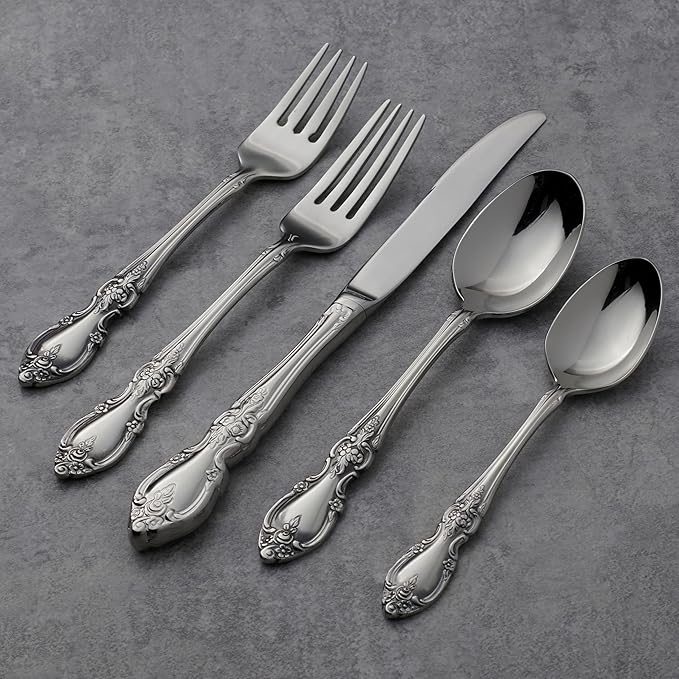 Oneida Silverware Set For 8 with Serving Utensils, Louisiana 45-Piece Fine Flatware Set, Service For 8, 18/8 Stainless Steel, Mirror, Knives Spoons Forks Serving Spoons,Dishwasher Safe(Silver 45 Piece