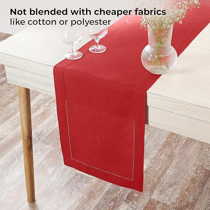 D'Moksha Homes Linen Bright Red Table Runner 90 Inches Long - Classic Hemstitch 100% Pure Linen Dining Table Runner 14 x 90 Inch for Winter, Christmas, Holiday, New Year
