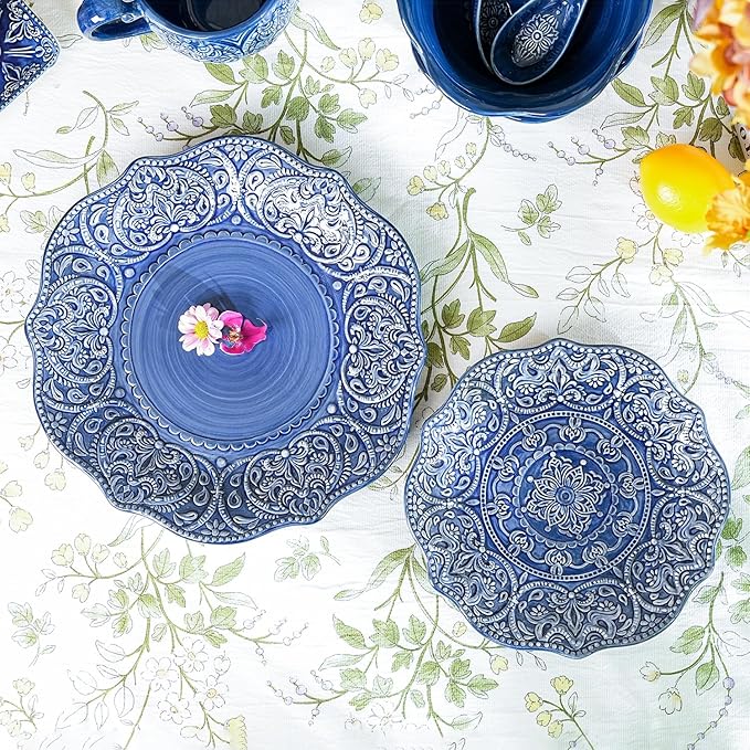 Sungmor Embossed Stoneware Fine Dining Dinnerware, Antique Baroque Style Porcelain Dinner Plates Set of 2 (8.5" Salad Plate & 11" Dinner Plate), Sophisticated Ceramic Serving Platters for Table Decor