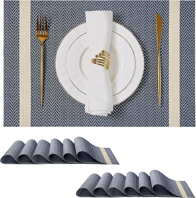 Leetaltree Sparkling Dark Blue Vinyl Woven Placemats Set of 12 - Washable Dining Table Place Mats Striped, Suitable for Wedding, Anniversary, Daily Use