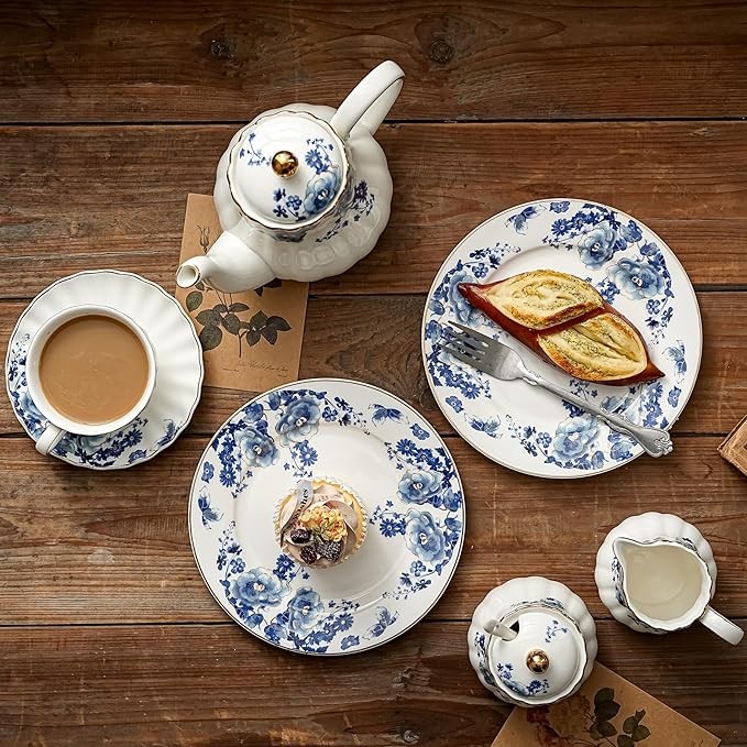 Porcelain Floral Plates, 8 inch, Set of 4,Small Plate, Small Appetizer Plates,Round dessert plate for breads, desserts, snacks, salads (Blue flowers)
