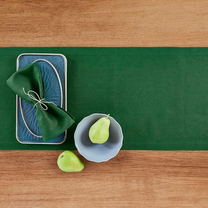 Solino Home Linen Table Runner 36 Inches - 100% Pure Linen Pine Green Table Runner 14 x 36 Inch Ideal for Dresser and Coffee Tables - Christmas, New Year - Fete