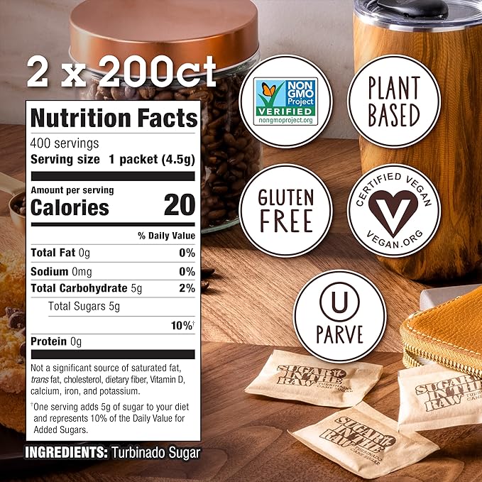Sugar In The Raw Turbinado Cane Sugar Packets, 200 Ct Box, 2 Pack, Pure, All-Natural Turbinado Sugar, Non-GMO Project Verified, Kosher, Vegan and Gluten Free