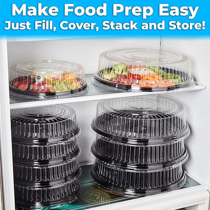 Avant Grub Heavy Duty, Recyclable 12 in. Serving Tray and Lid 3pk. Large, Black Plastic Party Platters with Clear Lids Dishware Plate, Elegant Round Banquet or Catering Trays for Serving Appetizers