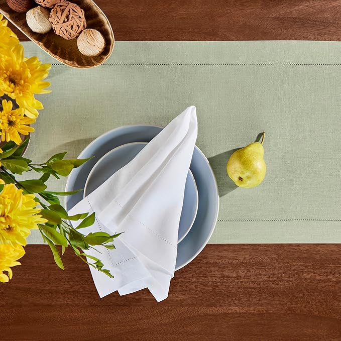 Home Ekaa Sage Green 100% Pure Linen Table Runner 90 inches – Long Hemstitch Runner 14x90 Inch Ideal for Dining - Fall, Christmas, Winter, Holiday, & Everyday Decor – Elara