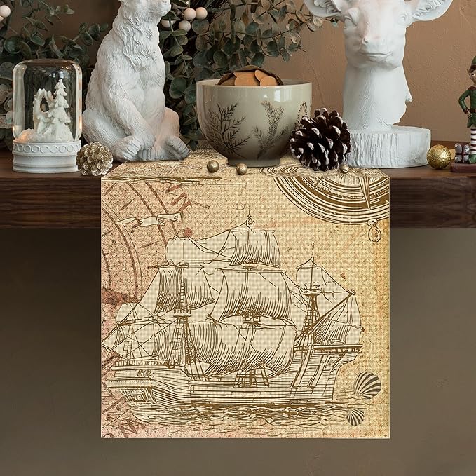 Nautical Sailboat Table Runner Seasonal Holiday Kitchen Dining Linen Table Decoration for Indoor Outdoor Home Party Decor 13 x 72 Inch