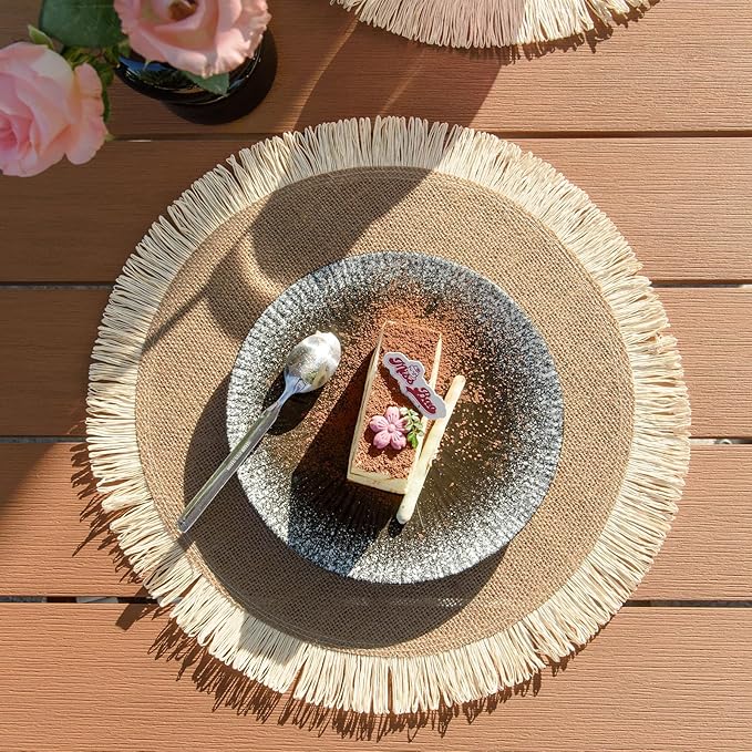 Round Burlap Placemats Set of 12 Jute Rustic Place Mats for Dining Tables Heat Resistant Natural Farmhouse Table Mats Decor for Thanksgiving (Sun Flower)