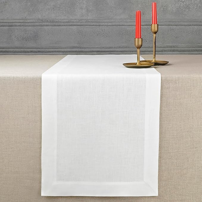 D'Moksha Homes Linen White Table Runner 60 Inches - 100% Pure Linen Table Runner 14 x 60 Inch for Coffee Tables, Dresser, Winter, Christmas, Holiday, New Year - Machine Washable