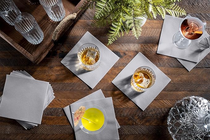 Disposable Grey Cocktail Napkins Paper - 4" x 4" High-End Linen-Like Beverage Party Square Paper Napkin Pack for Bar, Cafe, Restaurant, Christmas, Birthday, Wedding, Baby Shower - 100 Count